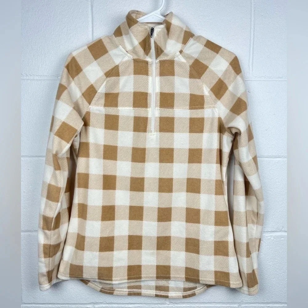 Natural Reflections Tan Cream Buffalo Plaid Fleece Quarter Zip Pullover Small